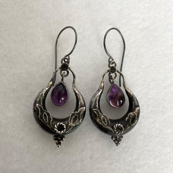 VTG Oxidized Sterling Silver 925 1.86" Amethyst Cabochon Dangle Drop Earrings - Picture 5 of 16